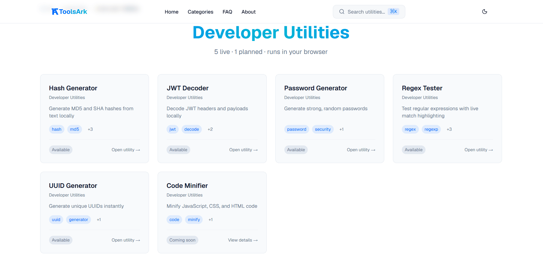 ToolsArk developer utilities page