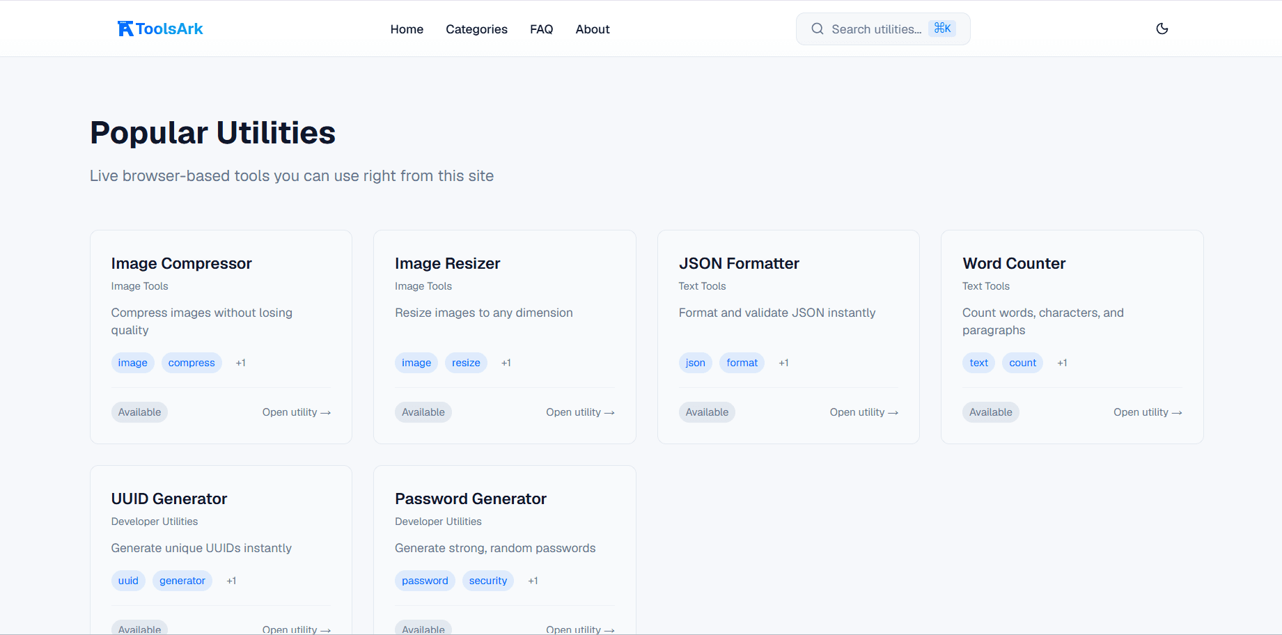 ToolsArk home page in light theme