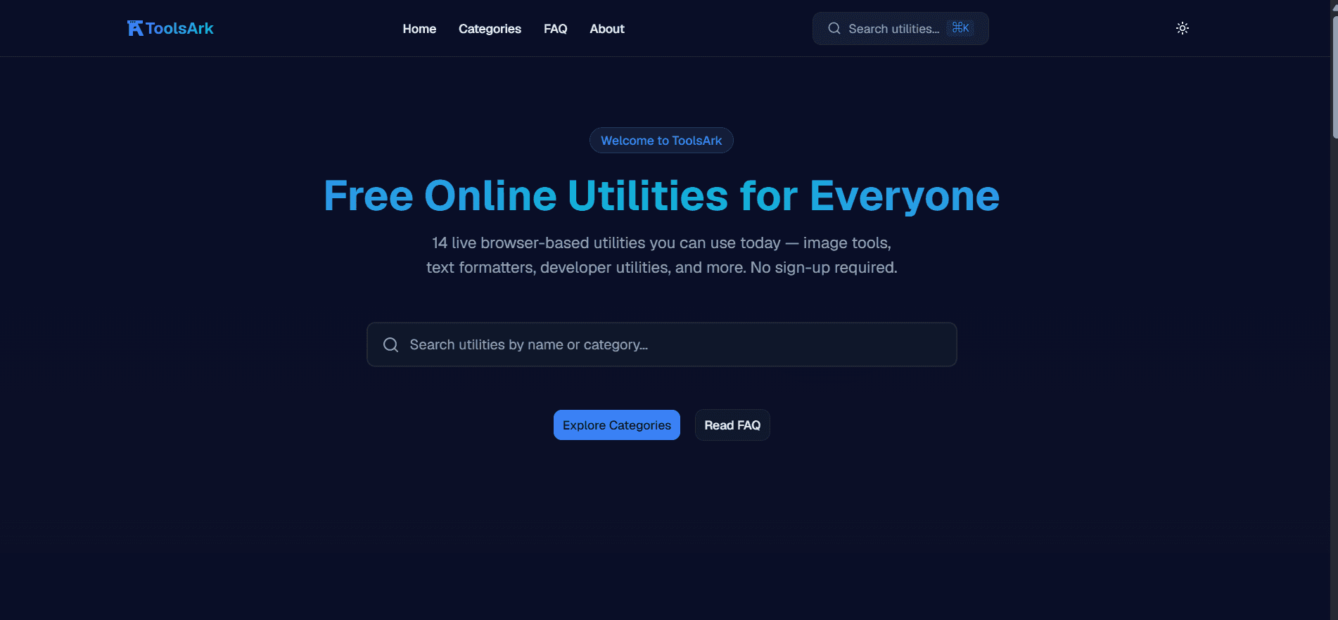 ToolsArk home page in dark theme