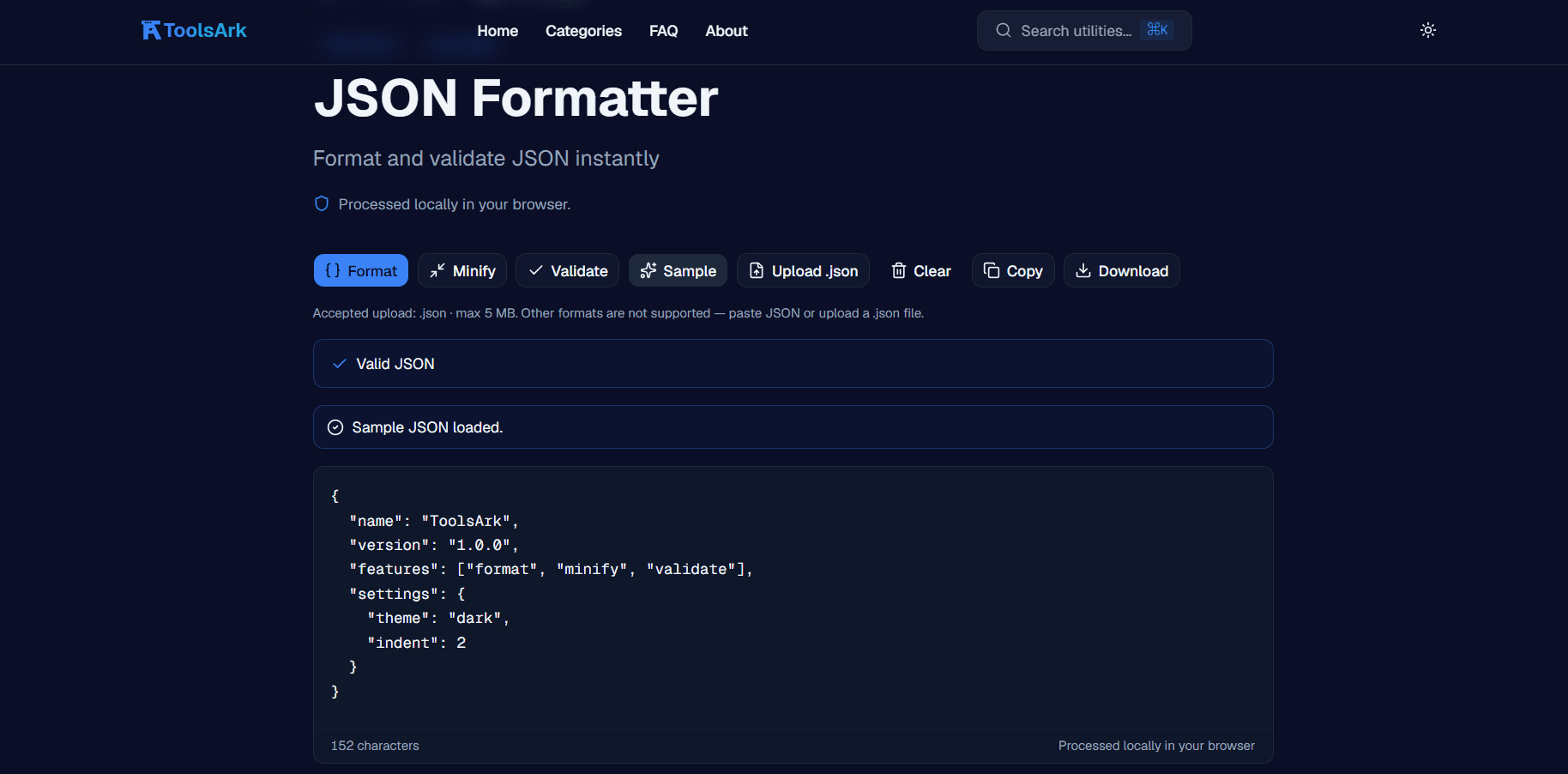 ToolsArk JSON formatter tool page