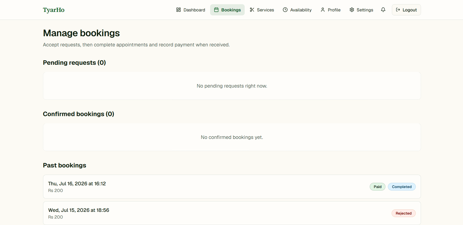 TyarHo stylist bookings page